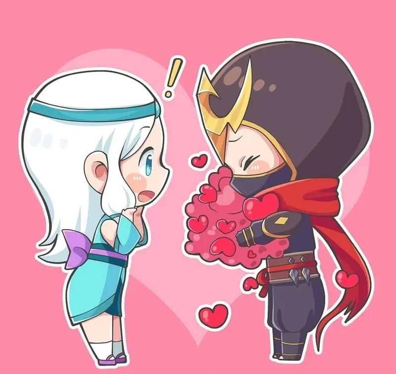 Chibi cute couple cartoon glowing with love