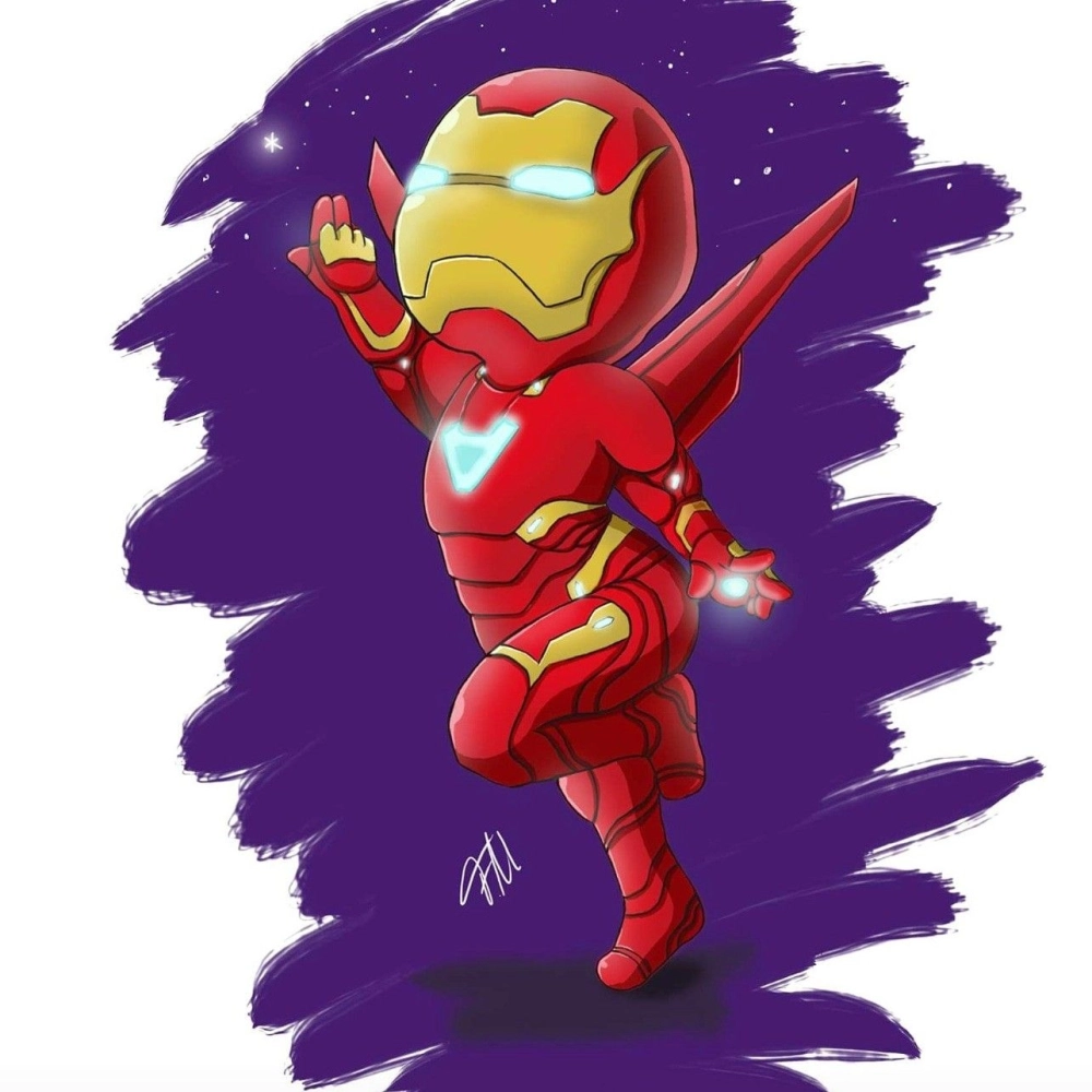 Chibi Iron Man art glows with armored style