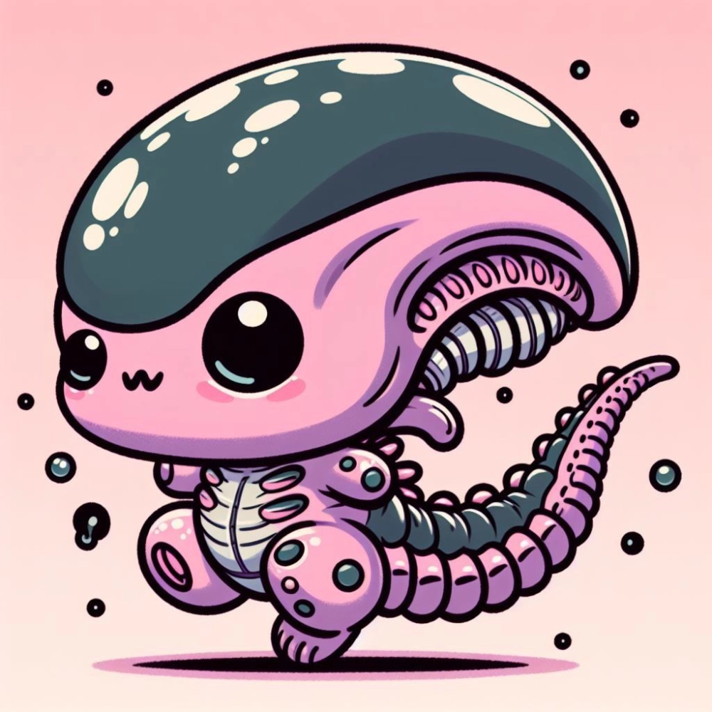 Chibi xenomorph glowing with eerie adorable charm