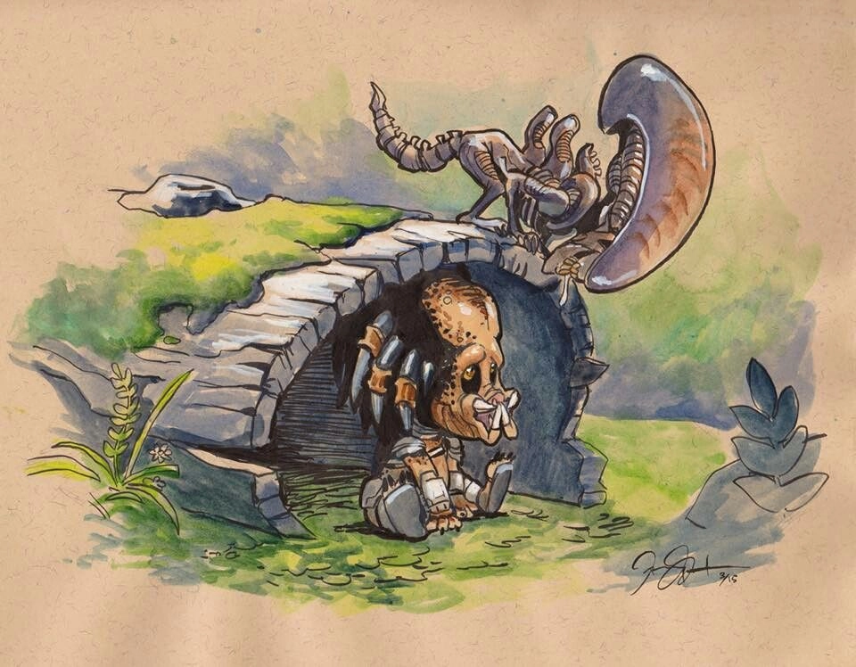 Alien vs predator chibi playful dark encounter