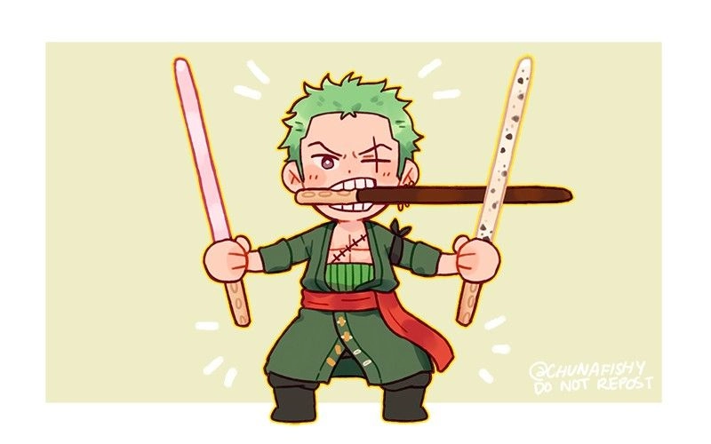 Fierce energy glows in chibi Zoro style