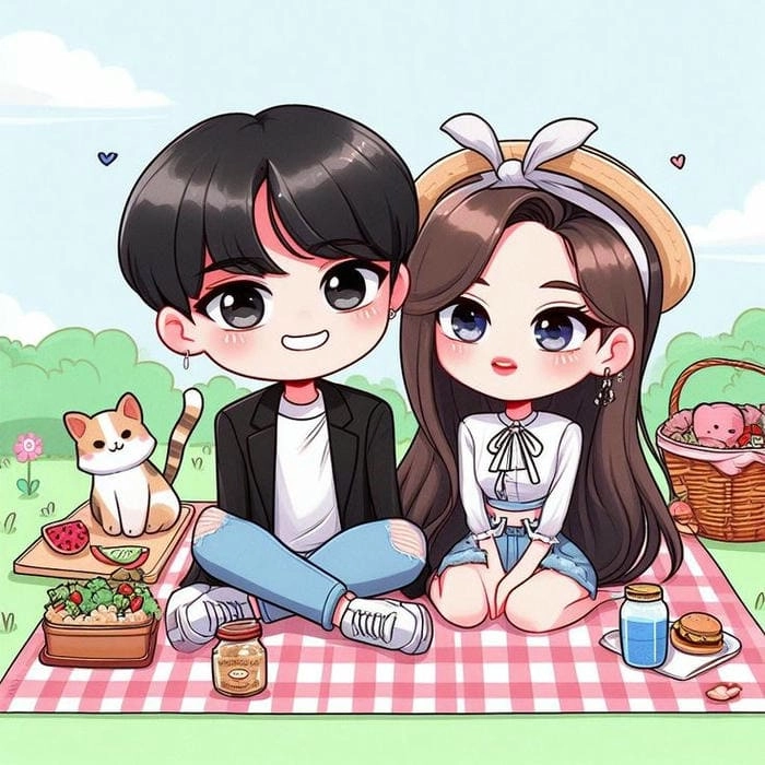 Chibi couple poses looking so romantic