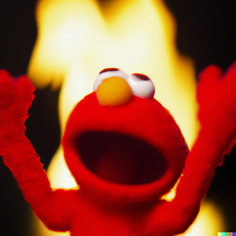 An elmo meme with a fire background