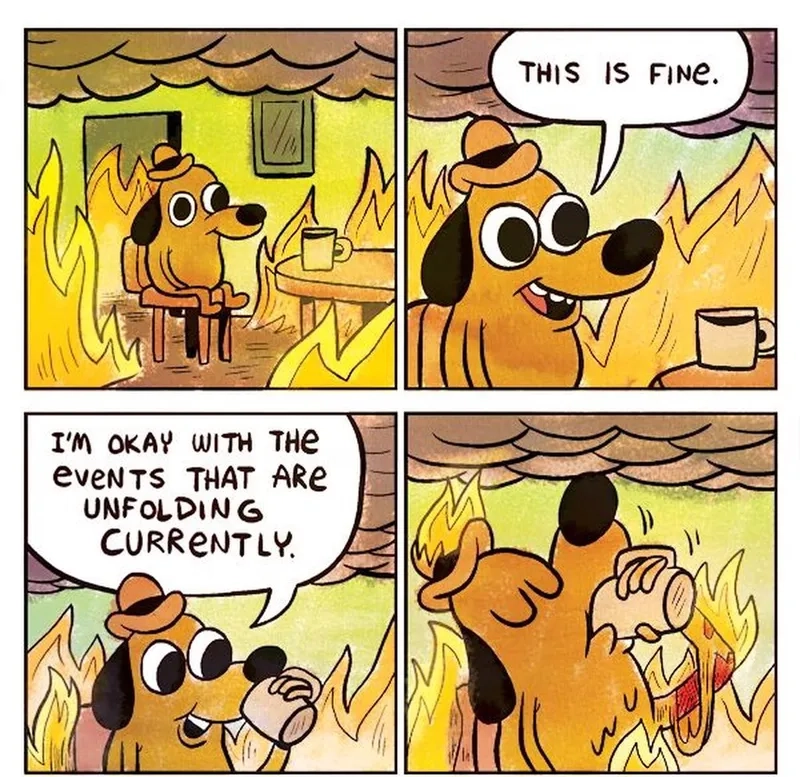 A close-up of the this is fine dog meme
