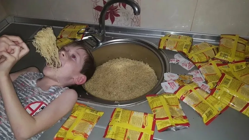 That satisfying slurp in an eating noodles meme