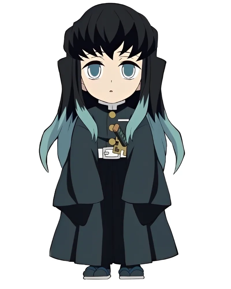 Chibi Muichiro soft clouds around calm warrior